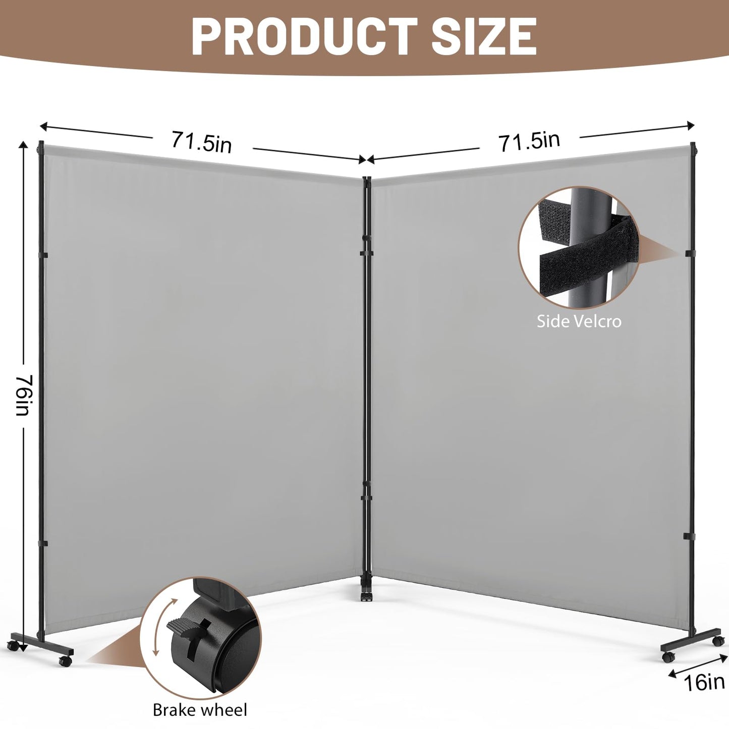 VAMFUTRE 2 Panels Room Divider/Privacy Screen with Caster Wheels and Brakes - Stylish and Versatile Partition for Home,Office,School and Restauran (Gray, 12FT*6FT)