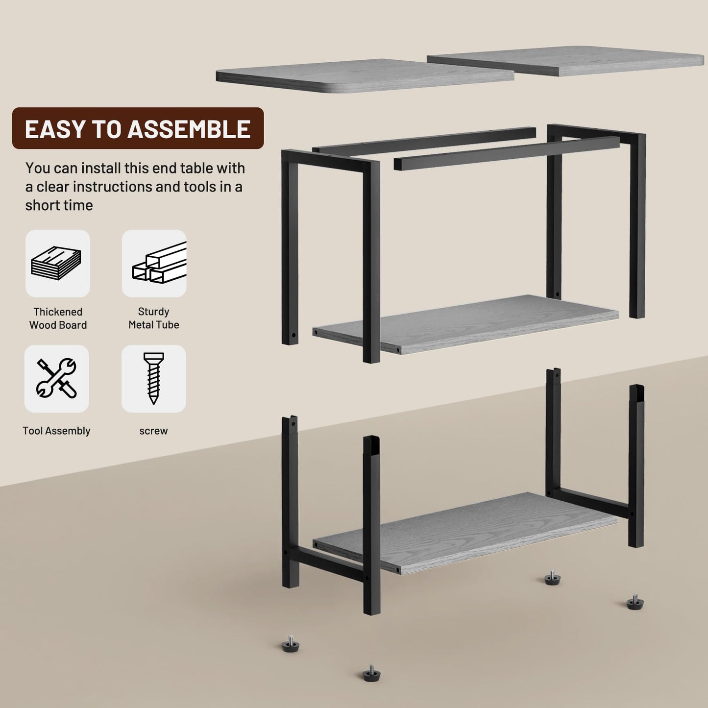 SLEEPING LAMB Side Table for Living Room, 3-Tier End Table for Small Space with Wide Storage Tabletop, Narrow Nightstand for Bedroom, Sofa Couch, Grey