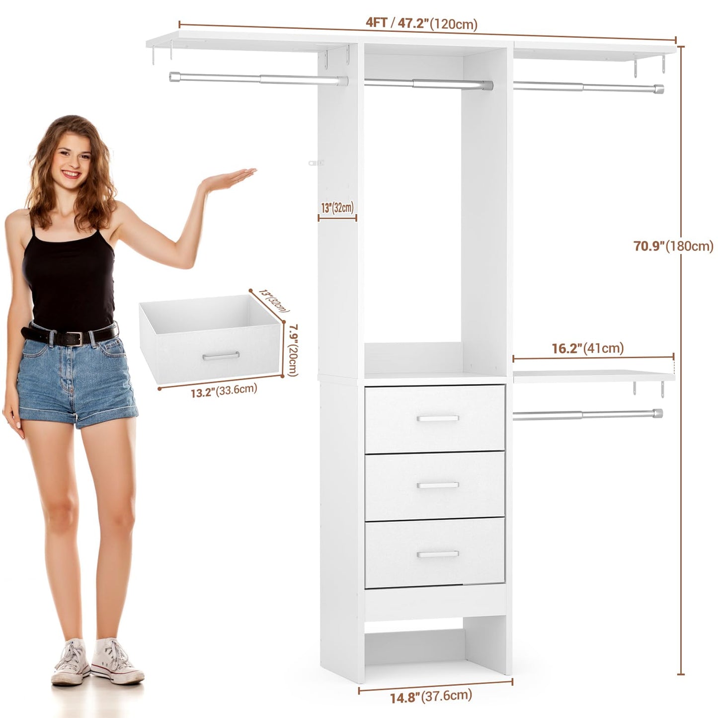 Besiost 4FT Small Closet System with 3 Fabric Drawers, 48'' Closet Organizer System With 3 Adjustable Shelves, Flexible Built-In Clothes Garment Rack for Small Space, 48" L x 13" W x 71" H, White