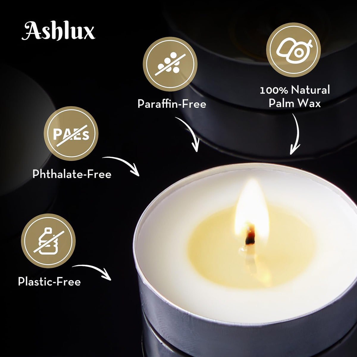 Ashlux Unscented Palm Tea Lights Candles 50 Pack Bulk, 6 Hours Long Burning White Tea Lights,Non-Paraffin, Smokeless, Mini Tealight Candles for Wedding, Christmas Lights, Party, Power Outages