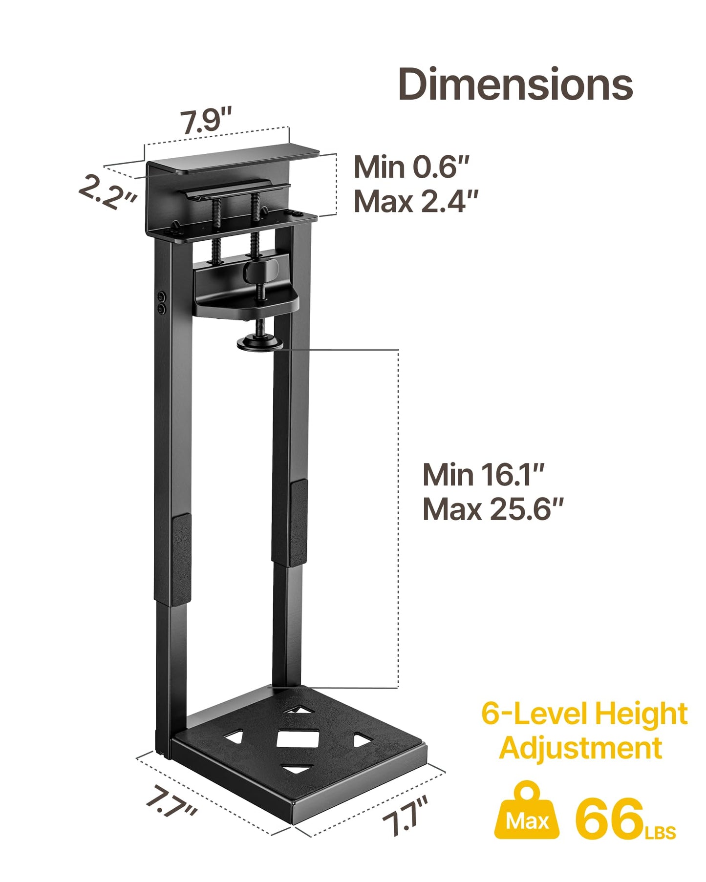 monTEK No Drill Under Desk PC Mount, Clamp-On Heavy Duty CPU Holder with Ventilated Cooling Design for Standing Desk & Home Office, Fits Most PC Cases 16.1"-25.6" (H), 66 lbs, Black