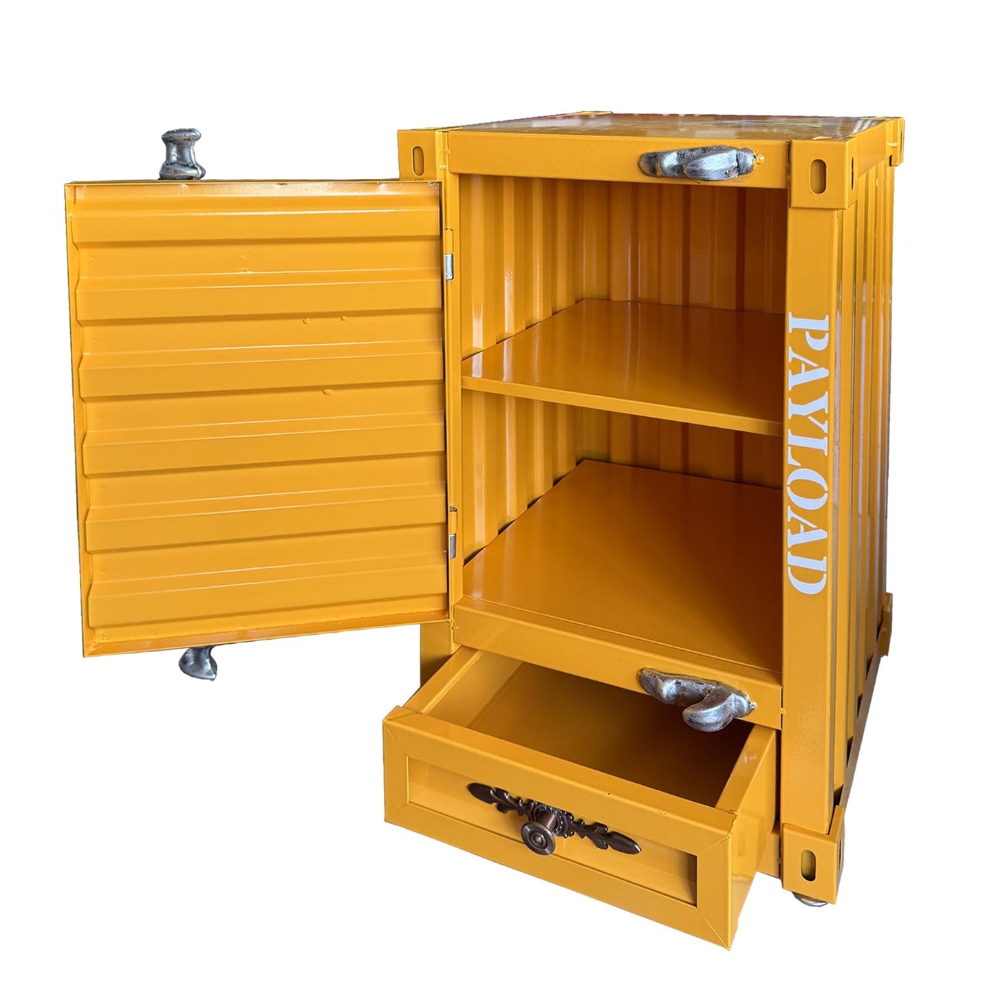 Runeqxar Industrial Shipping Container Nightstand - 20 Inch 3-Tier Iron Bedside Table with Drawer, Handcrafted Rustic Distressed Metal End Table for Bedroom, Bar, Garage (Yellow)