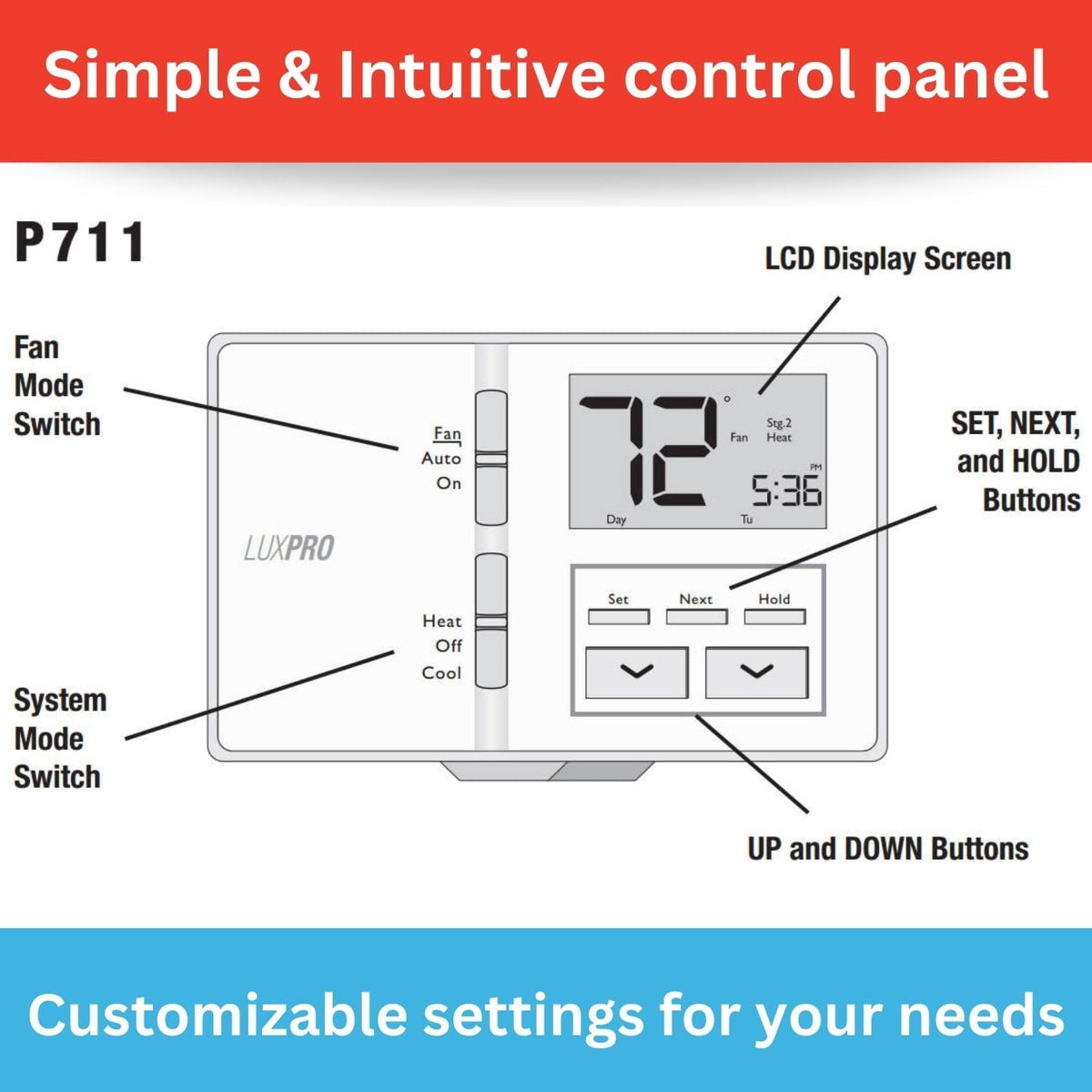 Lux Pro All in One Non Programmable/Programmable Thermostat; 7 and 5/2 Day Settings for Digital Energy Saving; Multi Stage Heating, AC Systems; Easy DIY, P711-Horizontal, 1 Unit, Batteries Included