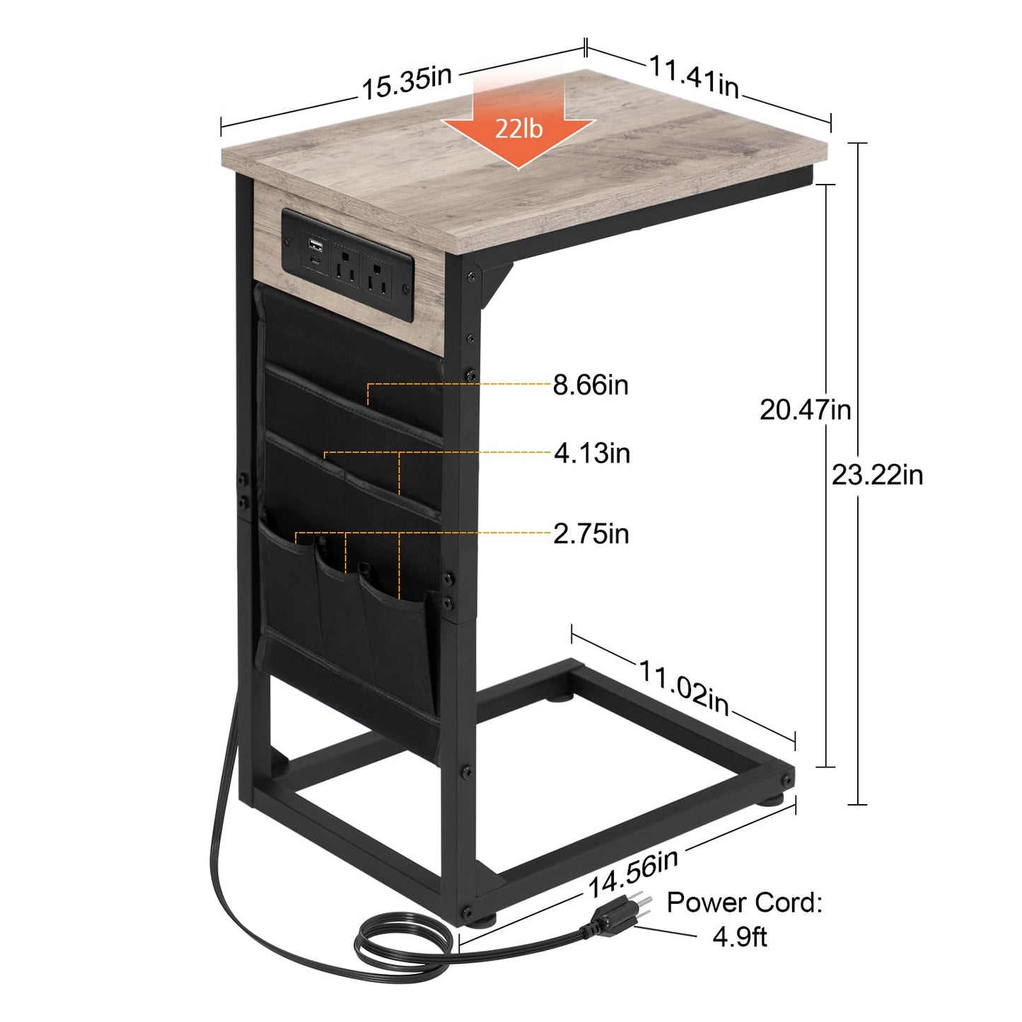 AMHANCIBLE C Shaped End Table with Charging Station, Couch Side Tables that Slide Under Sofa with Storage Bag, Slim TV Tray with USB Ports and Power Outlets for Living Room, Bedroom, Grey HET04CGY