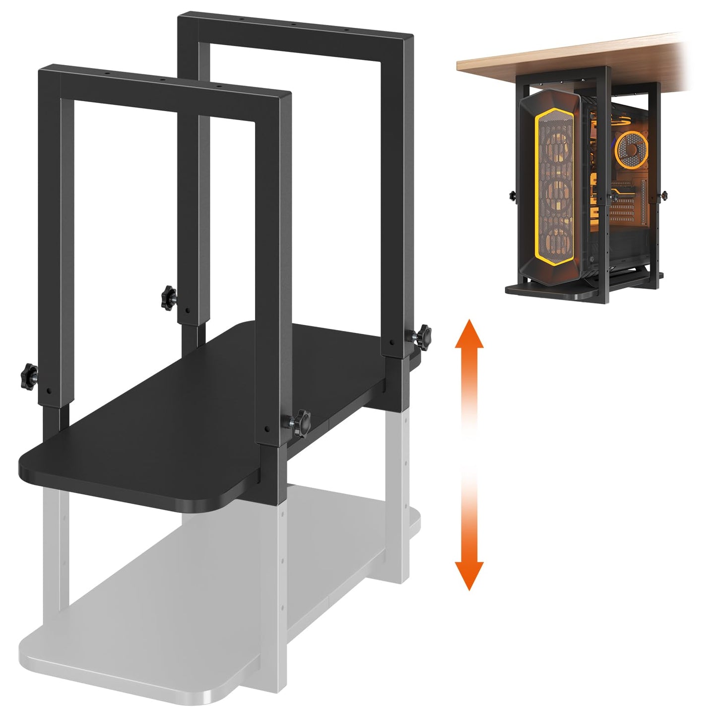 Heavy Duty Under Desk PC Mount with Adjustable Height, Under-Desk Computer CPU Holder for PC Case, Space Saving Desk Mounted Computer Stand, Max Load 66 lbs, Black