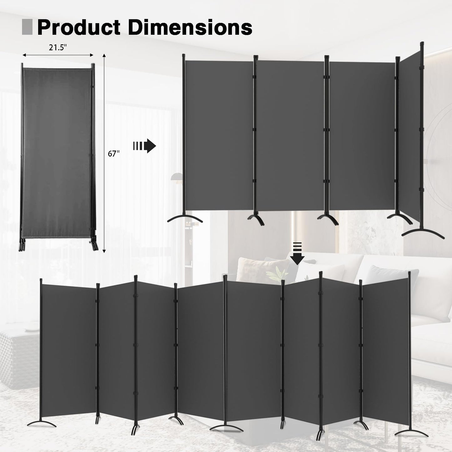 Room Divider-Folding Privacy Screens, 6 ft Partition Room Dividers Wall for Separation, Home, Office, Classroom, Studio (Grey, 8 Panel)