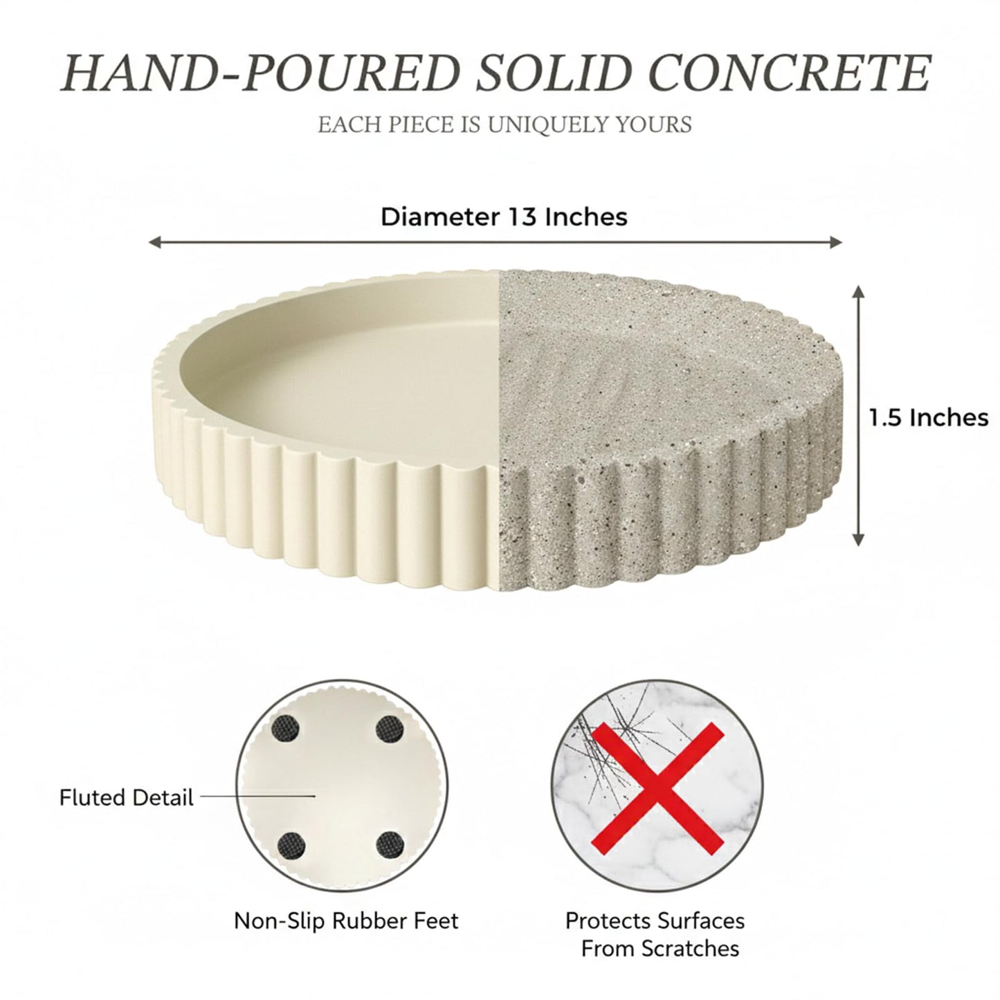 13" Round Concrete Tray for Coffee Table Decor,Modern Gray Centerpiece Decorative Home Table Serving Tray for Living Room,Office,or Dining Room - Durable and Stylish (Cream)