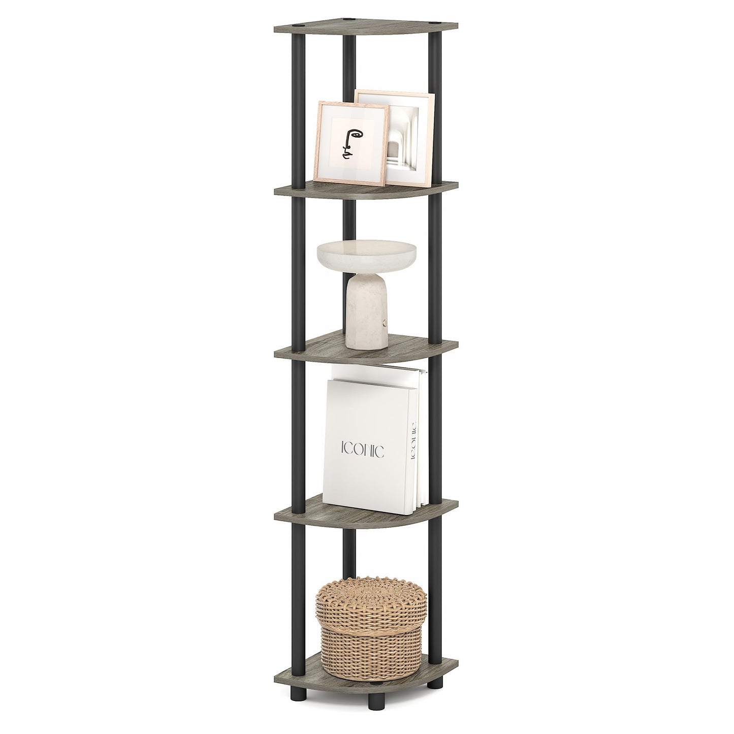 Furinno Turn-N-Tube Corner Shelf, 5-Tier Corner Bookshelf, Open Storage Shelves, for Organization and Storage, Living Room, Home Office, Garage, Bedroom, Grey Oak