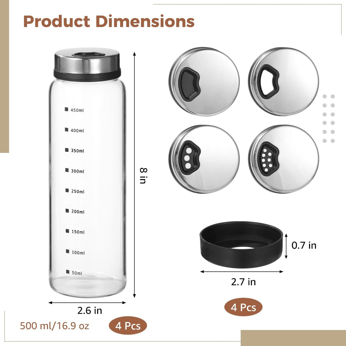 4 Pcs Salt & Pepper Shakers, Large Glass Spice Jars with Adjustable Pour Holes, Spice Dispensers with Non-skid Silicone Bases, Seasoning Jars with Rotating Steel Lids for Kitchen(500ml)