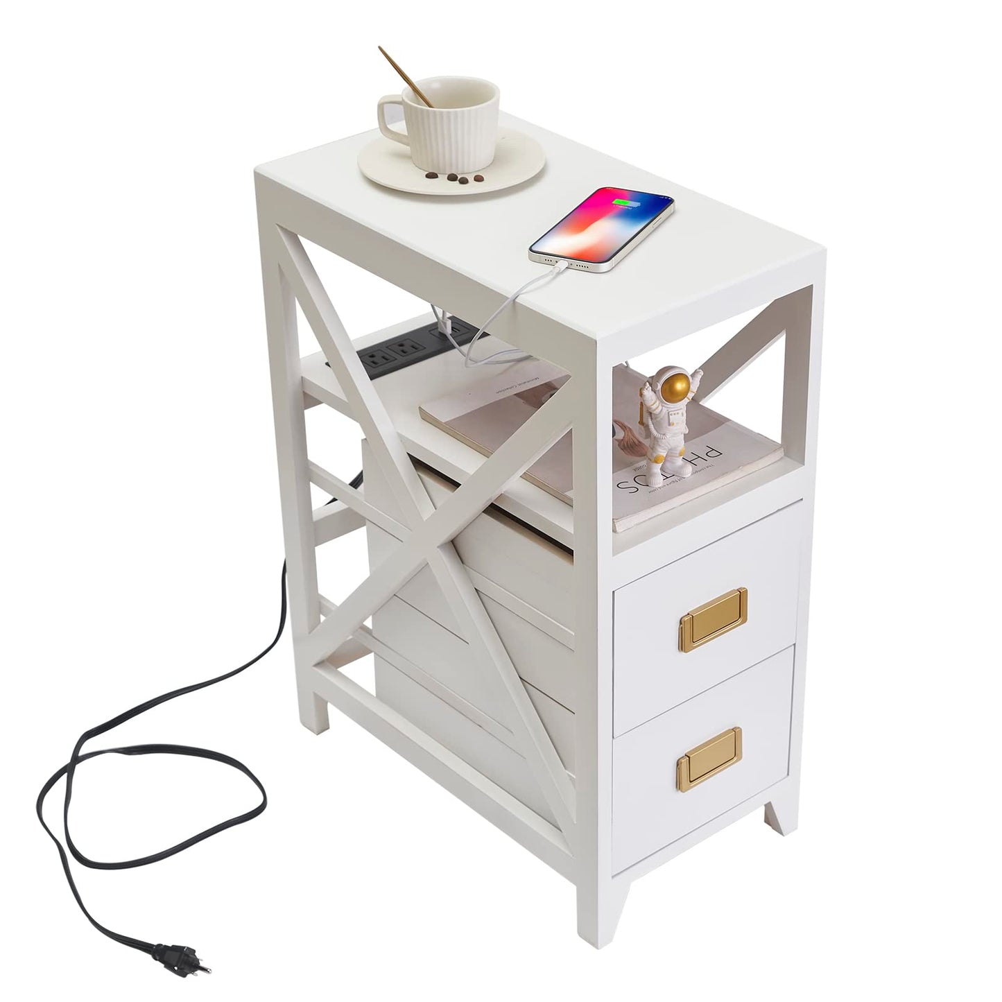 BECTSBEFF Fully Assembled Narrow Side Table with Charging Station, No Assembly Narrow Nightstand with USB Ports, Pre Assembled Skinny End Table with Outlets for Living Room, Bedroom-White