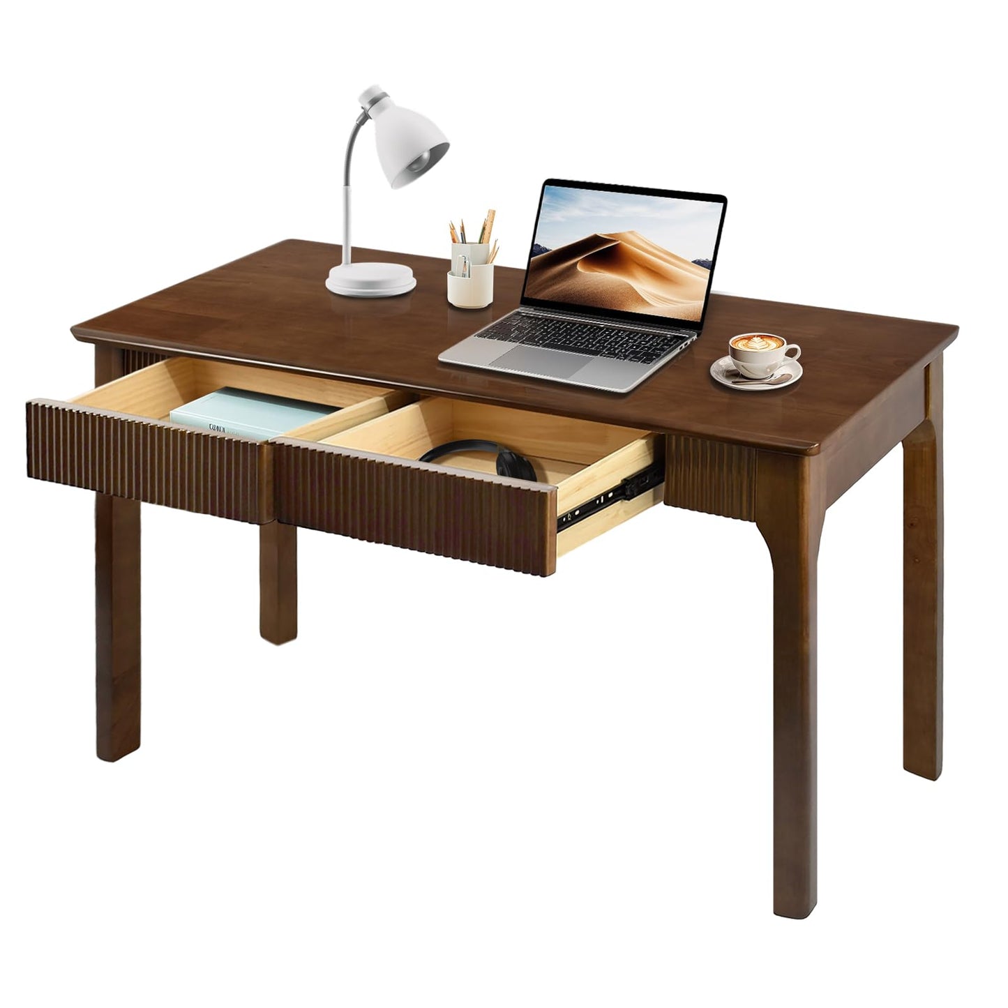 47.2'' Solid Wood Desk with 2 Drawers, Mid Century Modern Home Writing Office Wooden Desk ,Vintage Computer Table with Storage for Living Room, Bedroom, Fluted Design Brown (Walnut, 47.2 Inch)