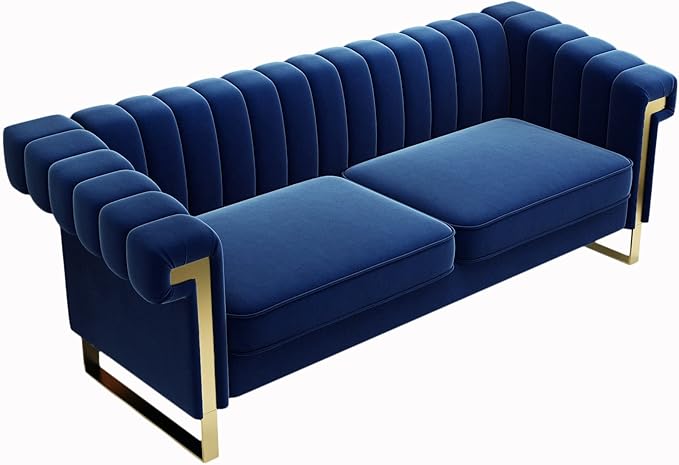 Mid-Century Modern Blue Velvet Sofa