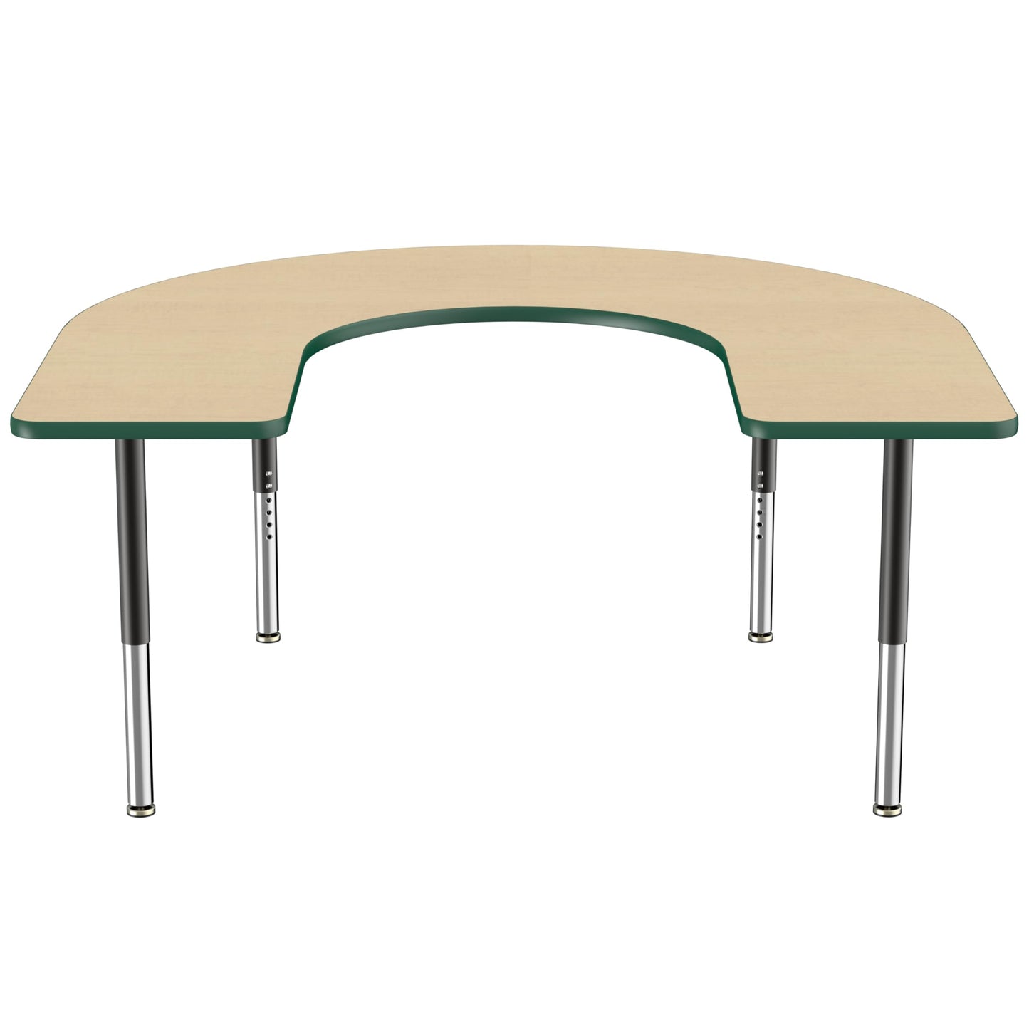 FDP Mobile Horseshoe Activity School and Office Table (60 x 66 inch), Super Legs with Glides and Casters for Collaborative Environments, Adjustable Height 19-30 inches - Maple Top and Green Edge