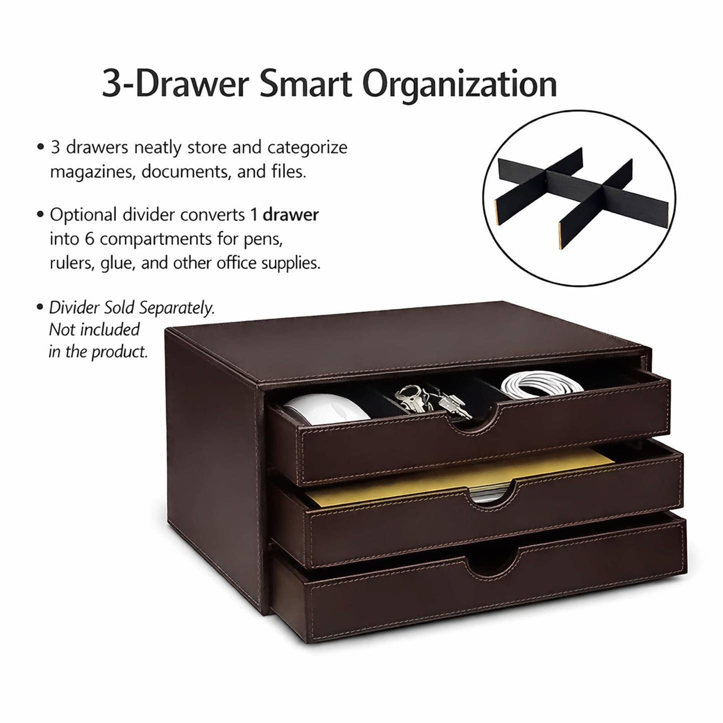 UnionBasic Leather Desktop Drawer Organizer, File Cabinet Magazine Document Holder, Office Supplies Desk Storage Organizer Box, 3 Drawer, Coffee