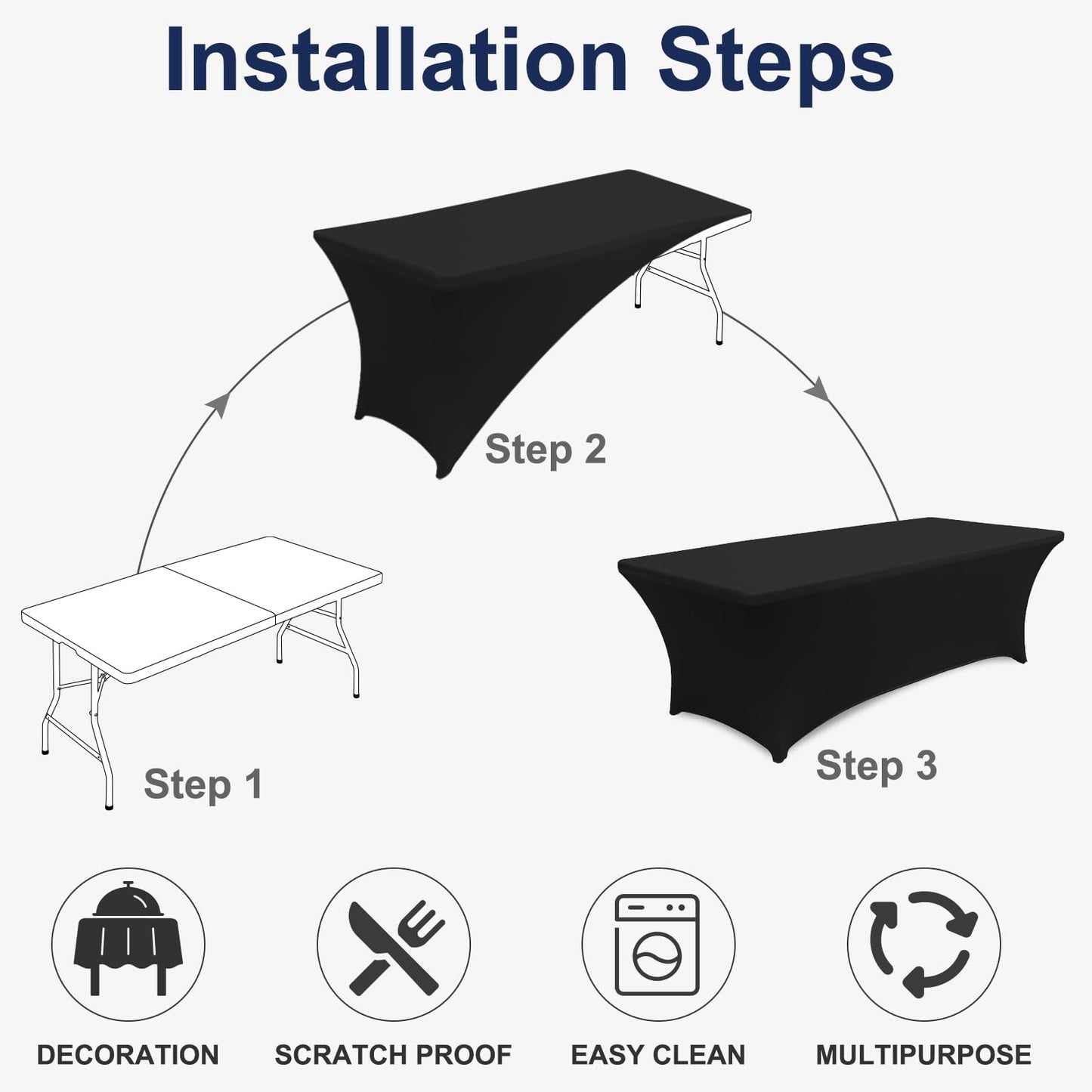 ABCCANOPY 2 Pack 4 ft Spandex Table Cover Open Back Fitted Tablecloth Stretch Washable Tablecover Table Topper for Rectangle Tables Black