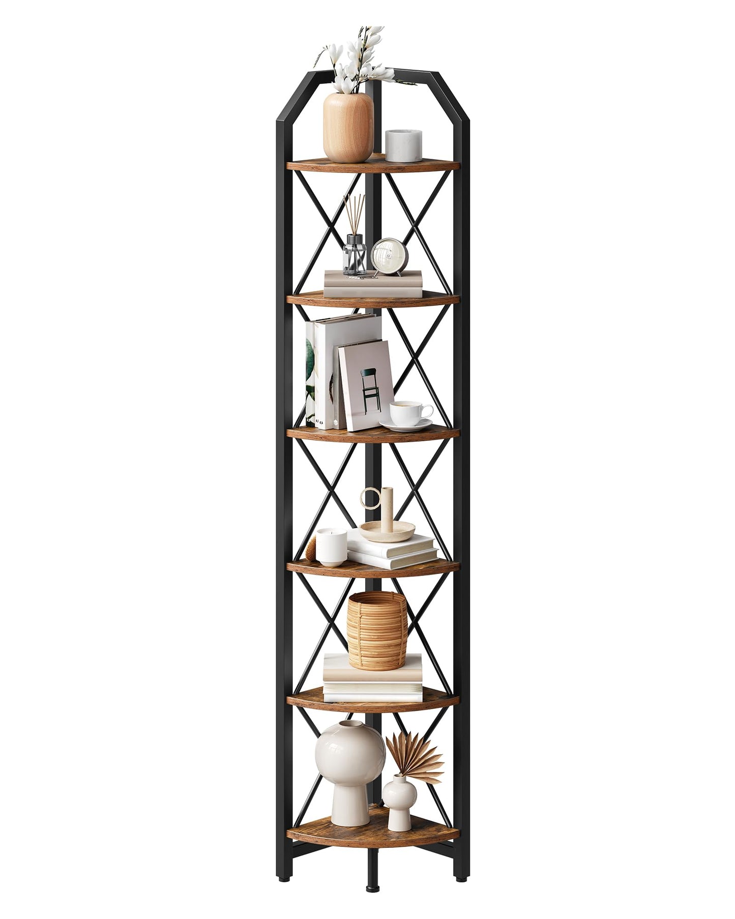 CHOEZON 6-Tier Corner Shelf, Industrial Corner Bookshelf, 71.2" Corner Storage Stand, Plant Stand Display Shelf, Corner Bookcase for Bedroom, Living Room, Home Office, Rustic Brown and Black TCJ11BF