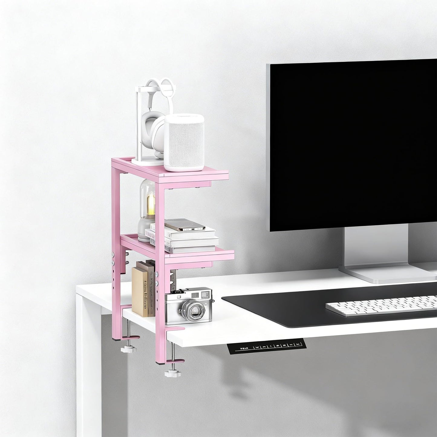OUTIOE 2-Tier Desk Shelf, Expandable Under Desk Storage, Clamp on Desk Shelf, Desktop Accessories for Offices, Study Rooms, and Game Rooms (Pink)