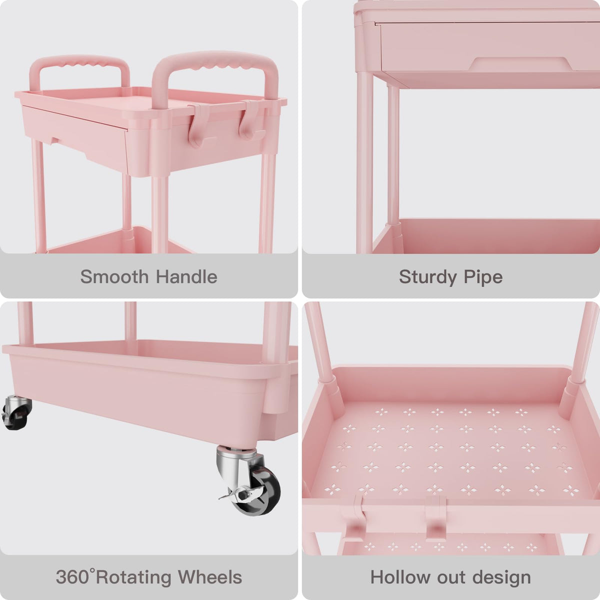 REBECAT 3 Tier Rolling Utility Cart with Drawer,Storage Cart,Rolling Cart for Kitchen,Bathroom,Living Room,Storage Organizer with Iron Wheels（Pink