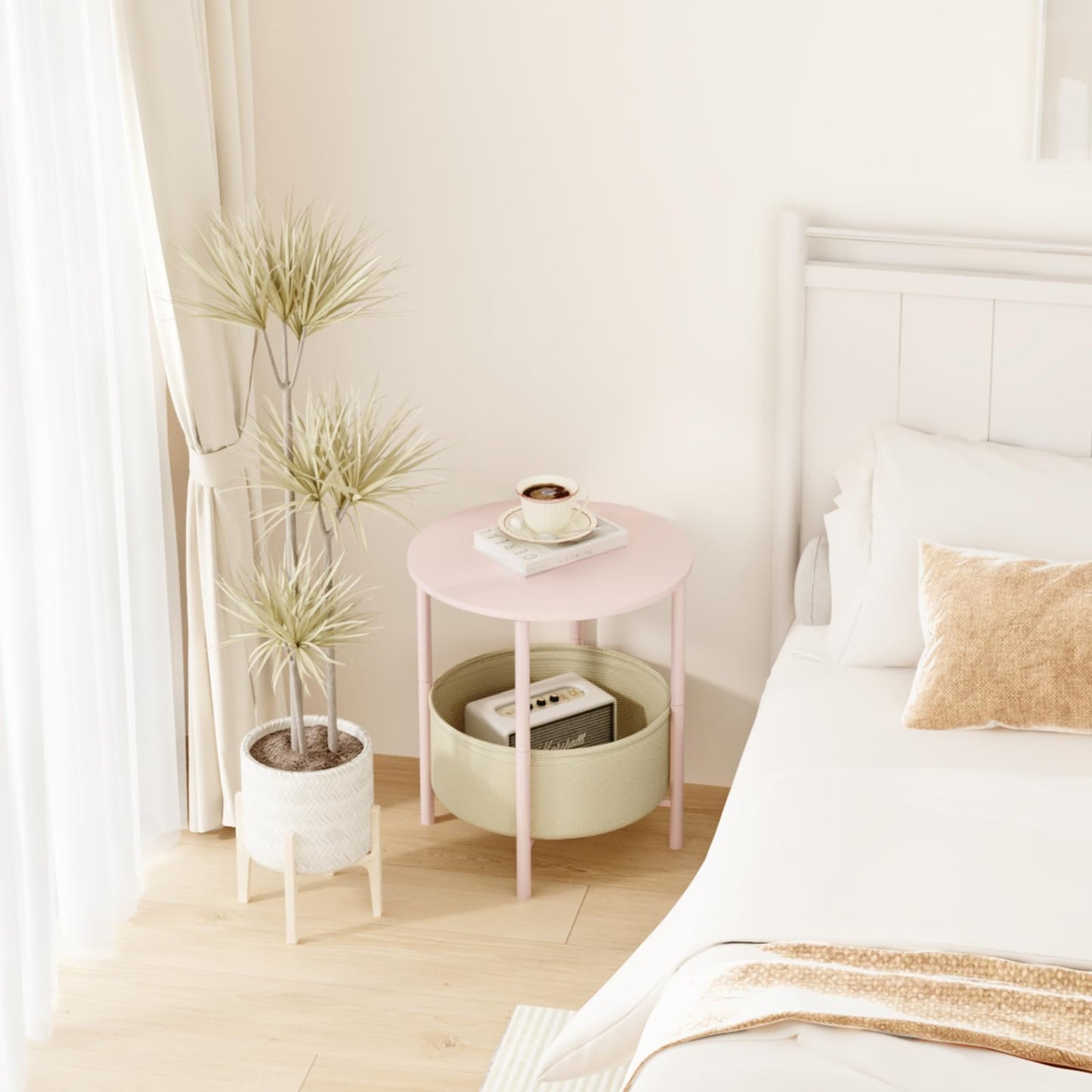 DGSANDGO Round End Table with Fabric Basket, Bedside Table with Storage, Morden Round Nightstand, Samll Side Table for Living Room，Bathroom，Bedroom, Nursery, Laundry, Pink
