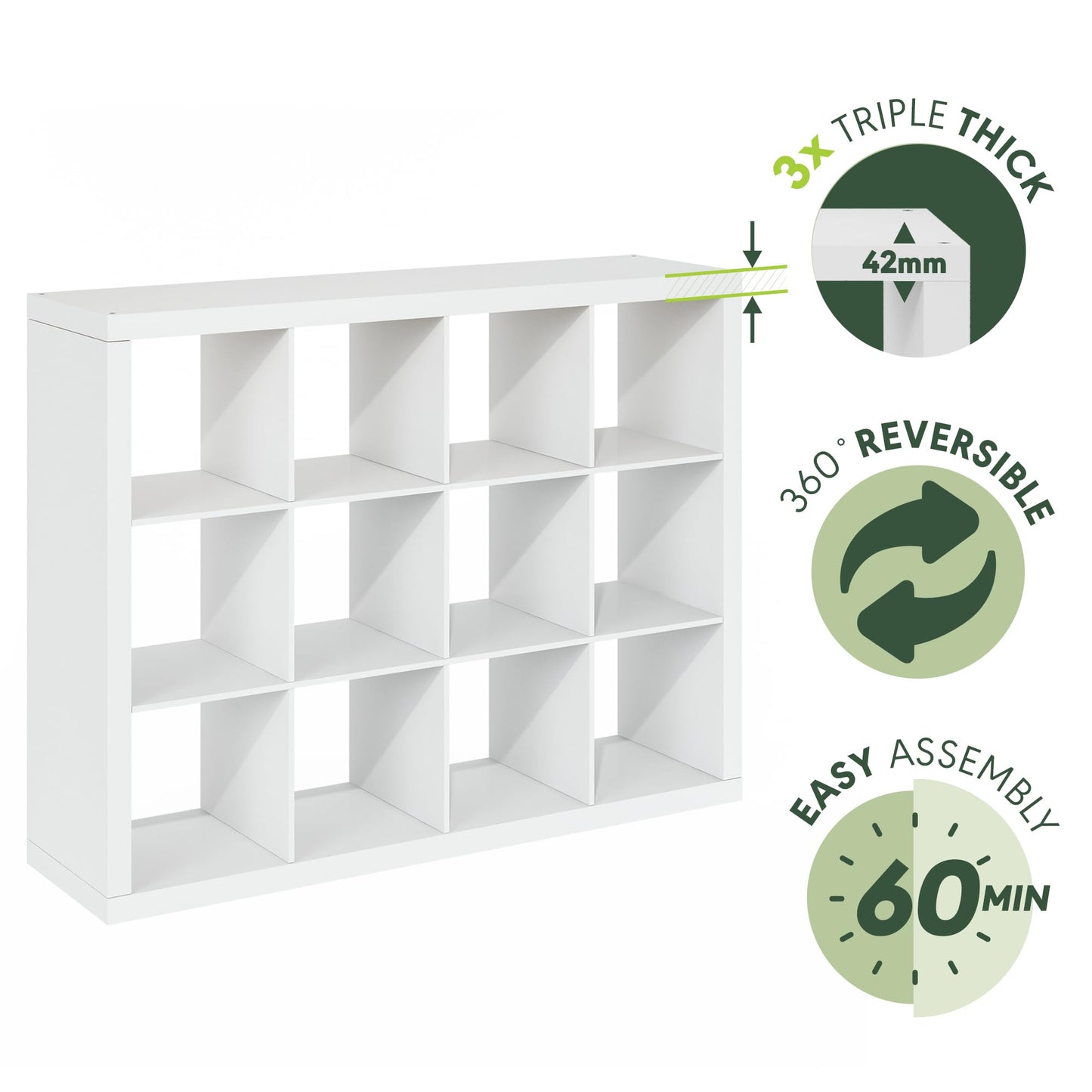 Furinno Cubicle Book Shelf, 12-Cube Bookshelf, Triple Thick Frame Cube Storage Organizer, 1.65" Thick Bookcase, 15.4" x 57.4" x 43.4", for Home Office, Living Room, Plain White