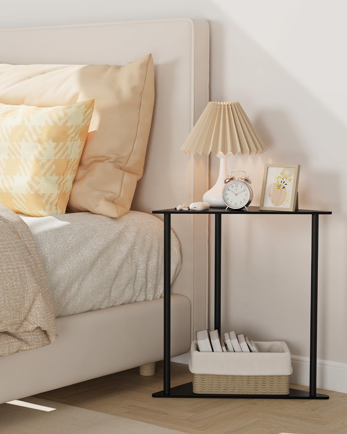 Yawinhe Metal Side Table,Small End Table with 2-Tier Storage Shelves,Nightstand for Small Spaces,Modern Tiered Triangle Coffee Table, Used for Living Rooms, Bedrooms,Black,2 Pack, SZJ202B-2
