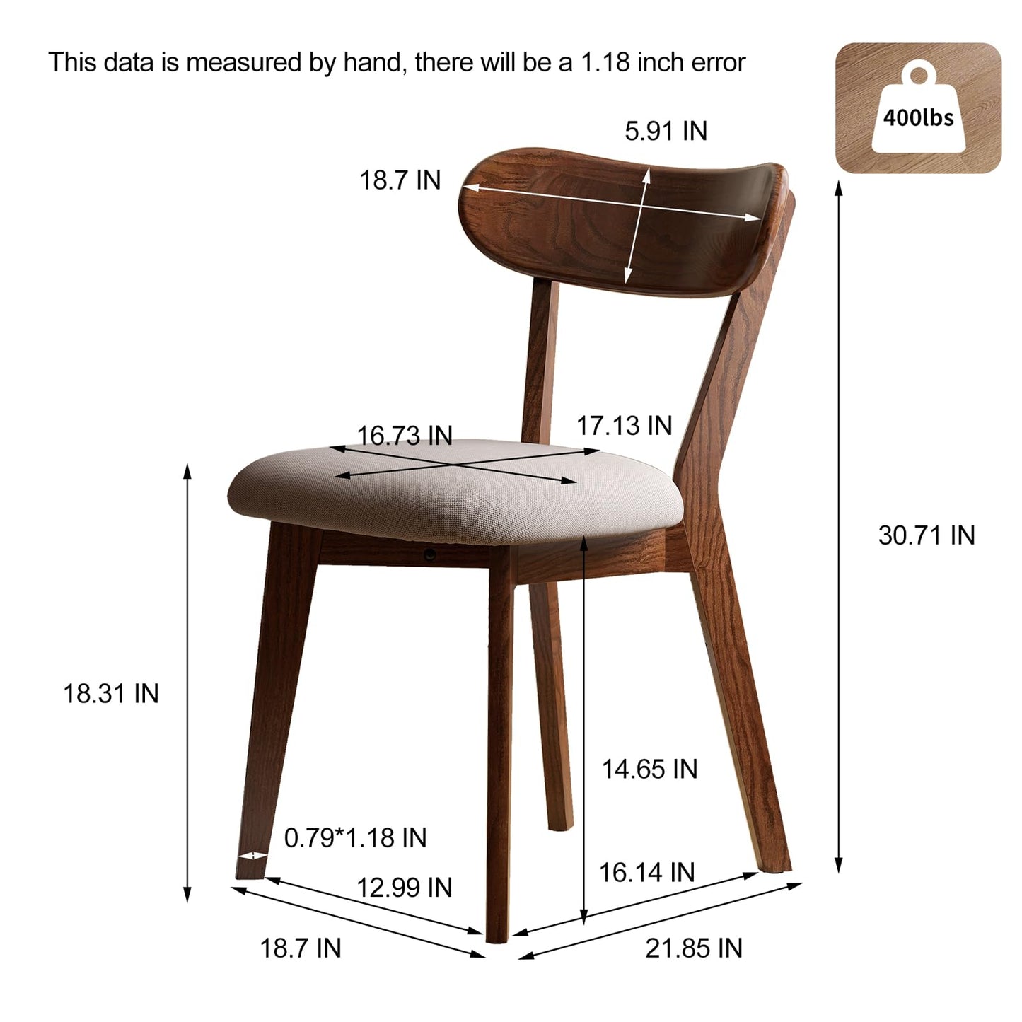 Walnut Dining Chairs Set of 2 – 400 lb Capacity Heavy Duty, Mid Century Modern Wooden Curved Back & Upholstered Seat, Solid Oak Wood, Armless for Dining Room, Kitchen, Breakfast Nook, Small Space
