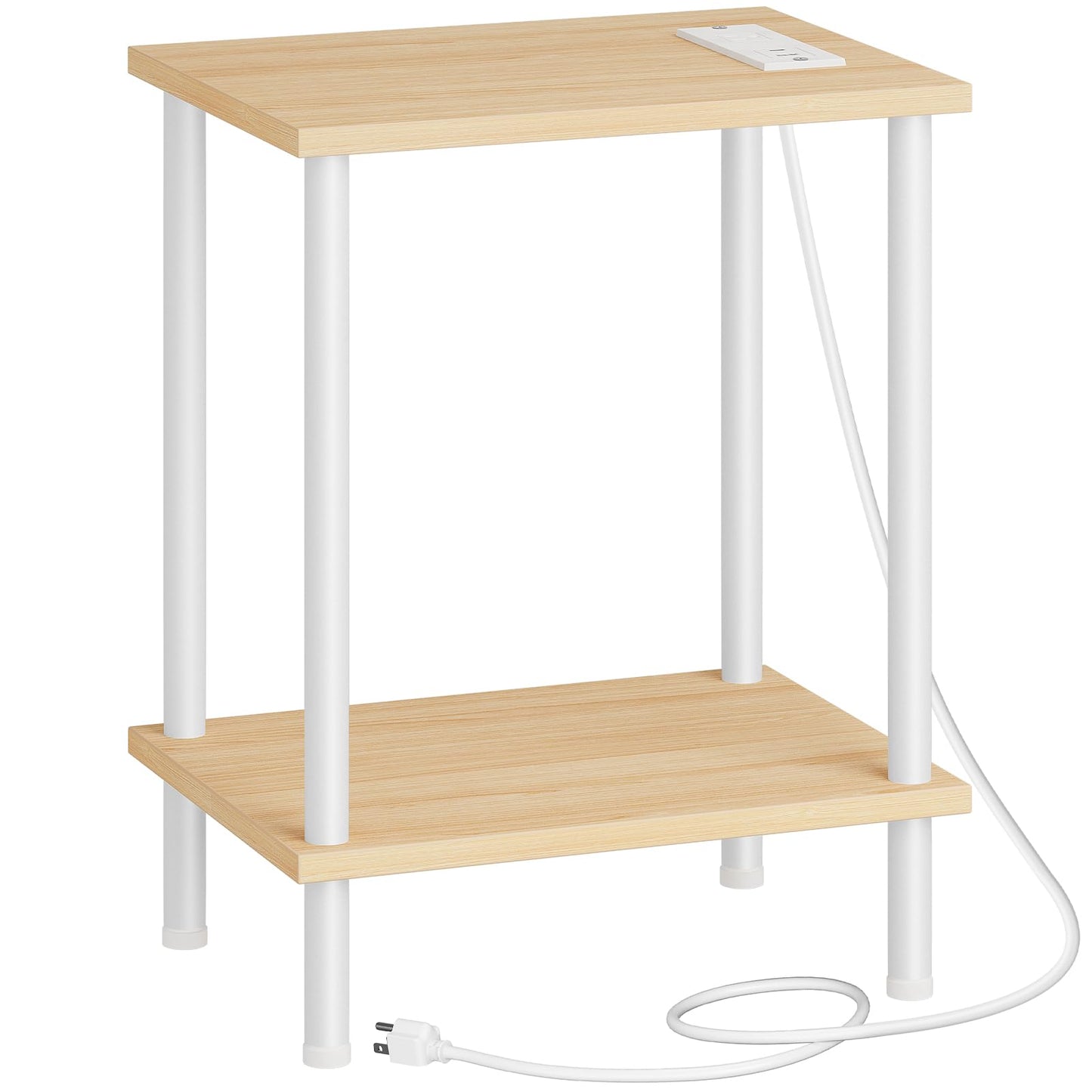 HOOBRO Side Table with Charging Station, End Table with USB Port and Outlet, Nightstand with 2-Layer Storage Shelves for Small Spaces, Living Room, Bedroom, Stable Frame, Natural and White WN09UBZ01