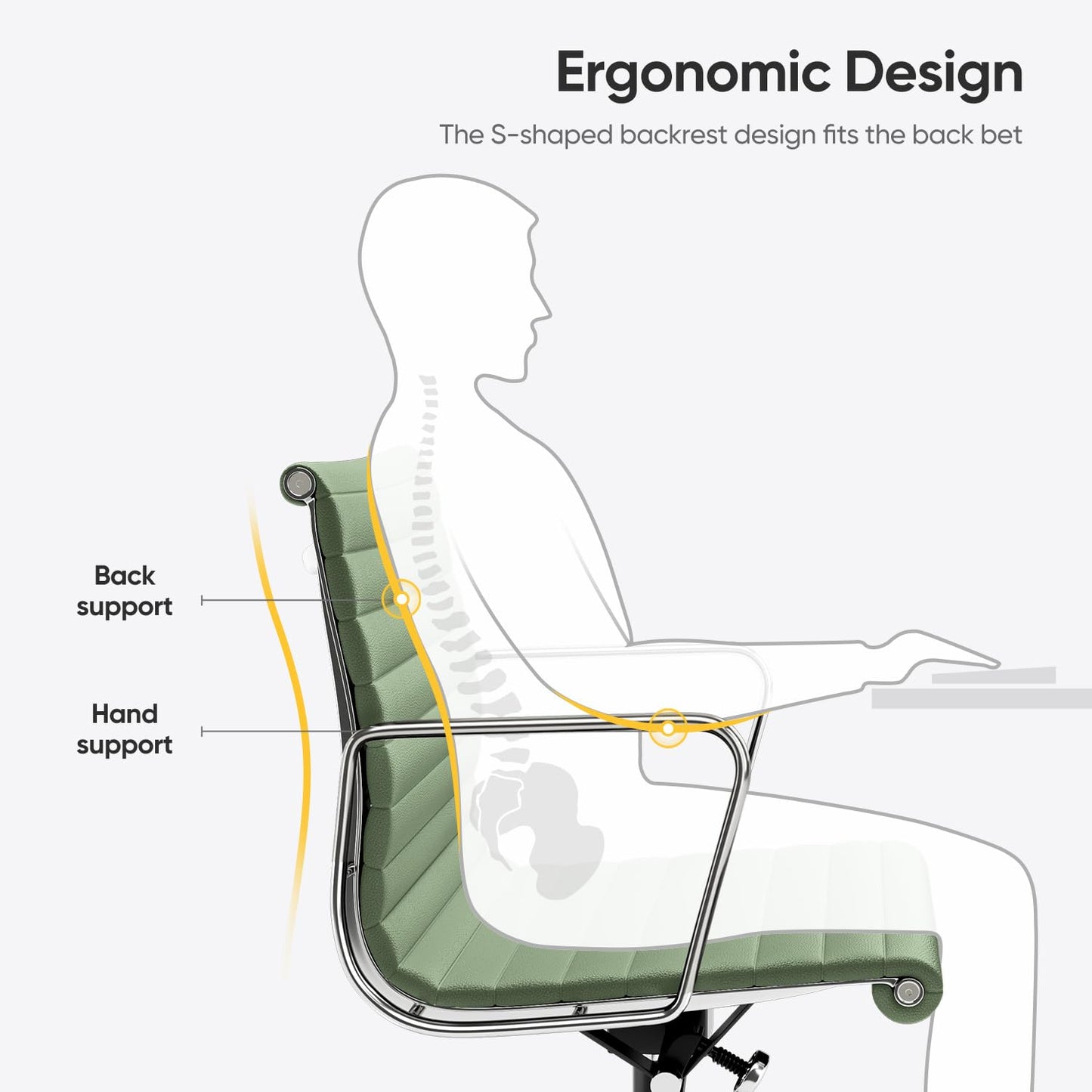 OTDMEL Ribbed Office Chair with Top Grain Leather - Mid Back Ergonomic Desk Chair with Aluminum Arms & Frame, Swivel Wheels & Tilt Function, Adjustable Height Light Green