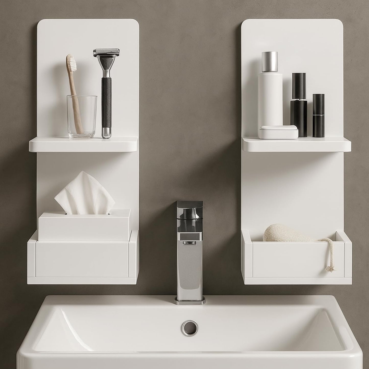 POCURBAN 2-Tier White Floating Wall Shelf, 20x8x6 Wall-Mounted Wooden Beside Shelf/Nightstand for Home Décor, Plants, Cosmetics, Bathroom, Kitchen, Bedroom Storage (White with Box)