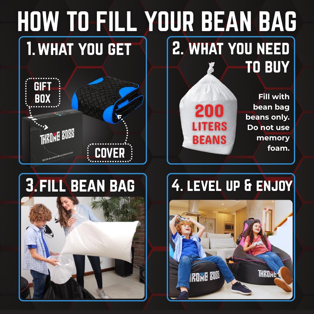 Throne Boss Gaming Bean Bag Chair Cover for Kids with High Back, Blue – Gamer Chair for Kids with 2 x Large Side Pockets, Headphone Hanger, Easy to Clean Fabric, Requires 200 Liters Polystyrene Beans