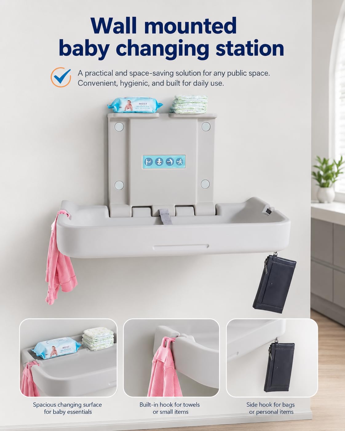 Modundry Wall Mounted Baby Changing Station - Horizontal Baby Changing Table Foldable Diaper Tables with Safety Strap for Commercial Bathroom，White Granite