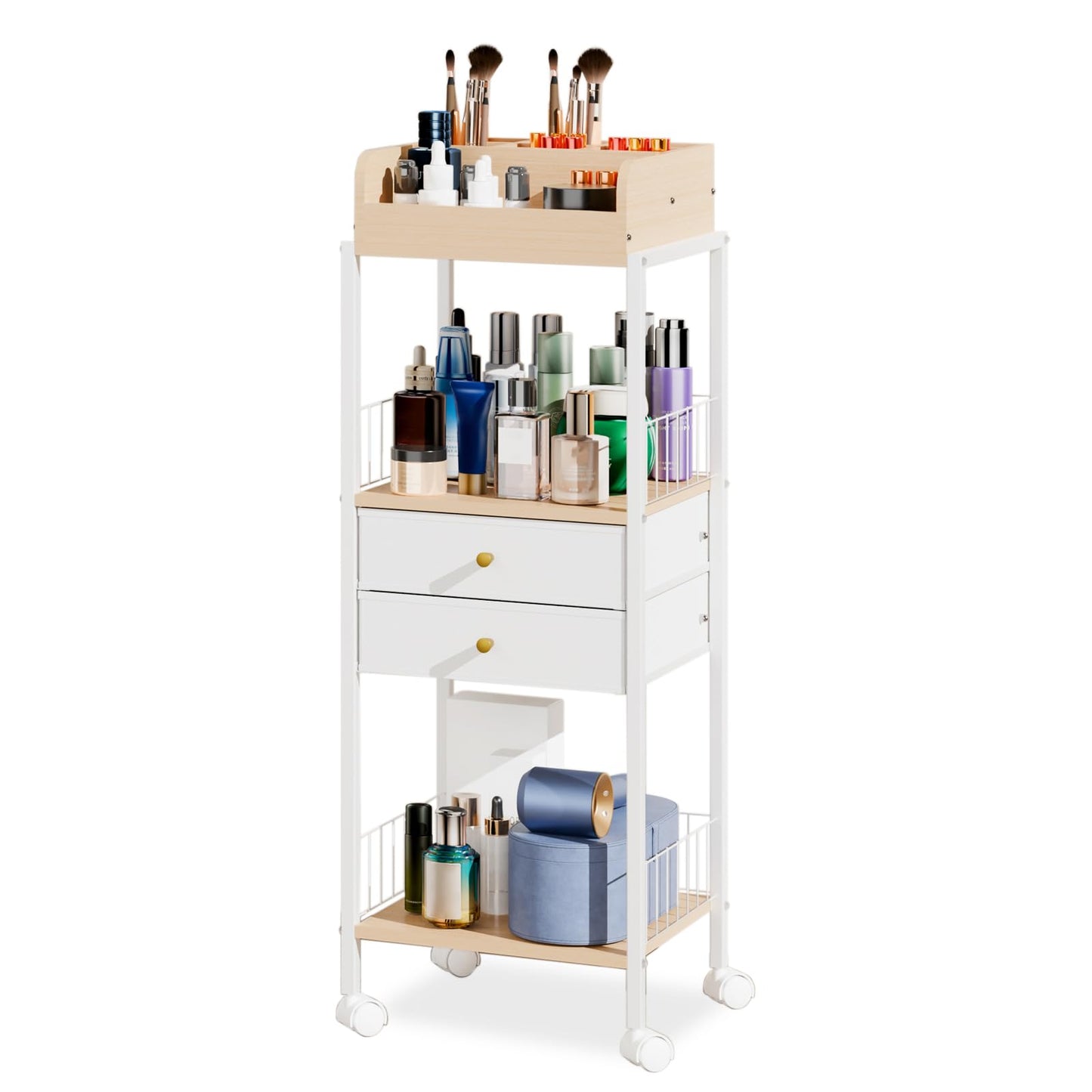 Makeup Organizer Cart Shelf Floor Skincare Organizers Make Up and Station Storage Cabinet For Vanity Standing Cosmetics With Drawers and Wheels For Nail Polish Perfume Hair Tool Holder Beauty(White)