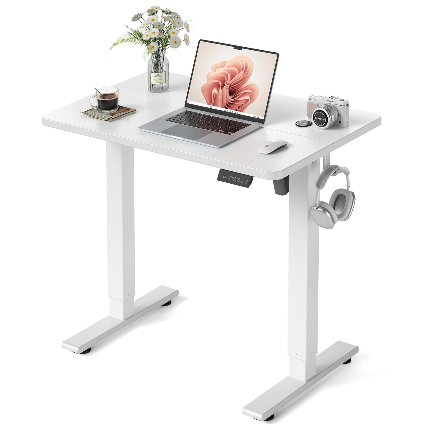 FEZIBO 32" Small Electric Standing Desk Adjustable Height, 3 Memory Height Settings, Sit Stand Up Desk for Home Office & Computer Workstation, White