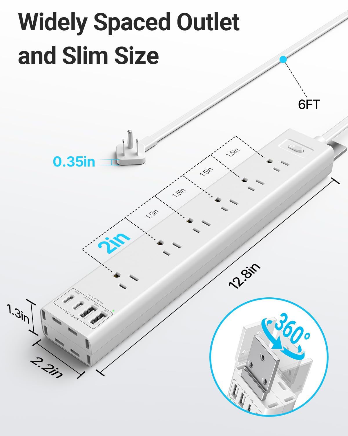 360° Mountable Surge Protector Power Strip with 4 USB Ports (2 USB C), 6 FT Electrical Outlet & Flat Plug Extension Cord for Under Desk, Wall, or Corner Mount (White)