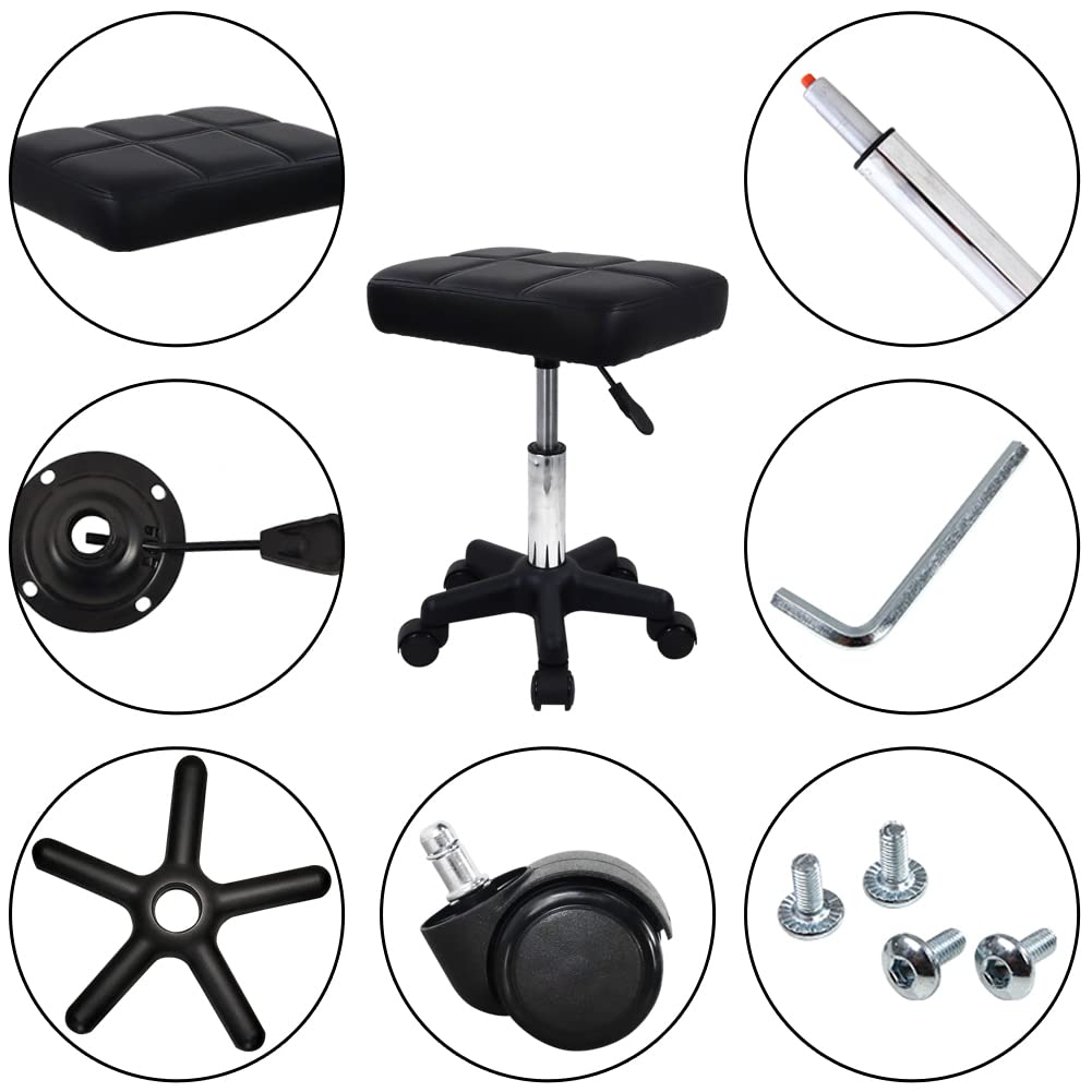 FURWOO Rectangle Rolling Stool with Wheels Height Adjustable Swivel Stool Chair for Spa Salon Massage Black