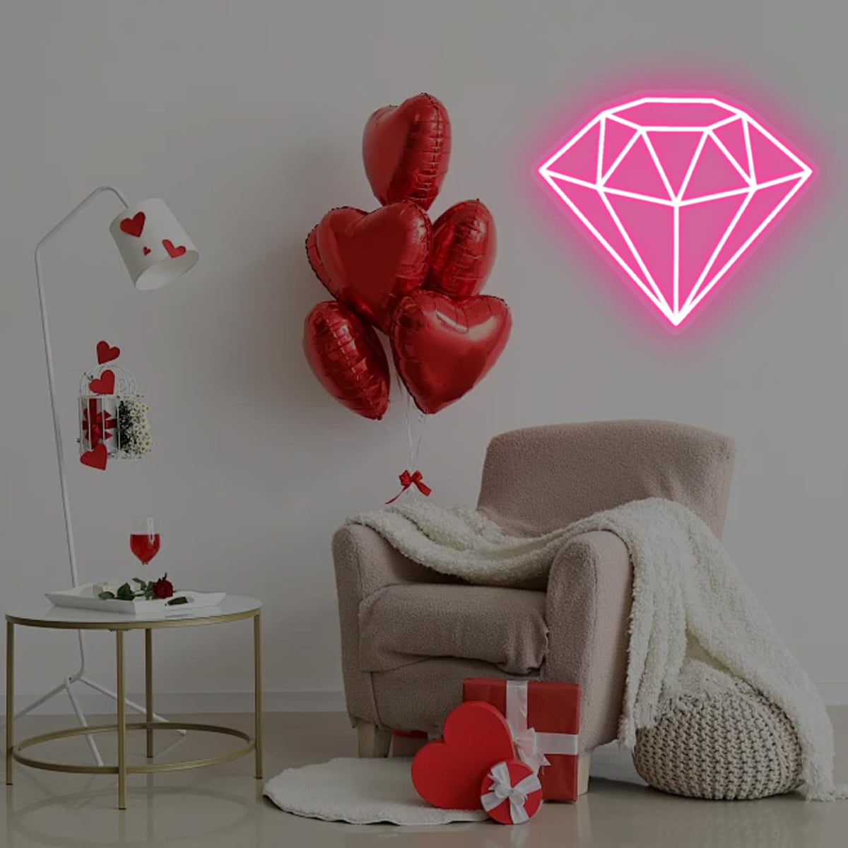 Diamond Neon Sign for Wall Decoration, Glowing Neon Sign, Adjustable Brightness Shining LED Sign Night Light for Man Cave Bedroom, Wedding, Living Room, Party, Bar, Office Decoration-Pink