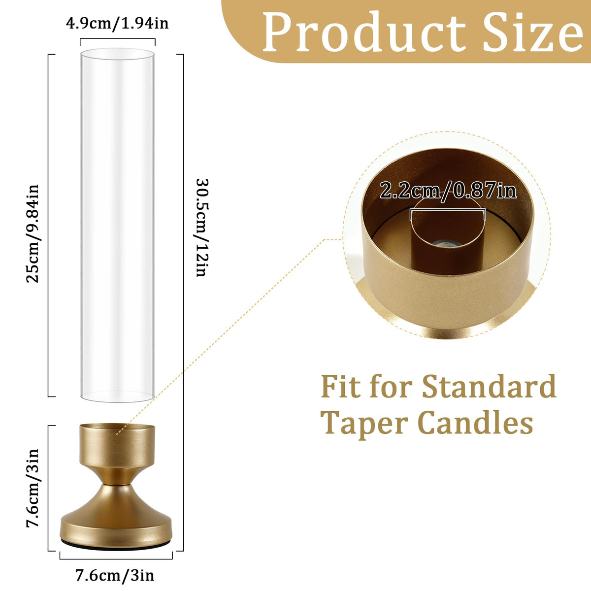 Hurricane Glass Candle Holders, Set of 6 Metal Taper Candlesrick Holders for Centerpieces Tall Gold Candle Stands Bulk with Glass Cylinder for Wedding Birthday Party Table Decor