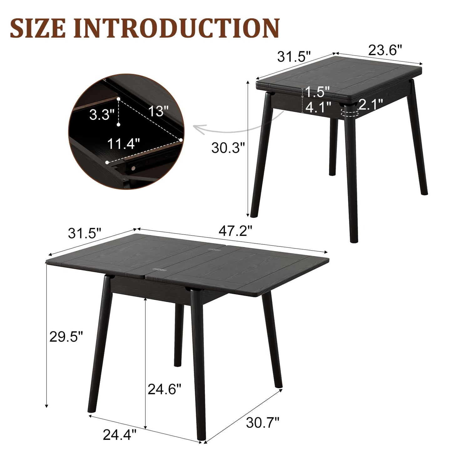 DONGMUWUJEE Solid Wood Small Dining Table, 23.6"L-47.2"L Expandable Kitchen Table for 2-6, Designed for Small Spaces, Easy Assembly, Suitable for Kitchen, Dining Room, Living Room, Apartment (Black)