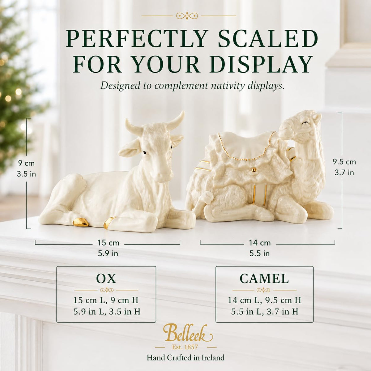 Belleek Living Manger Set Ox and Camel, Christmas Nativity Figurines with Gold Embossed Detail, Holiday Home Decor Set of 2 Assortment Figurines