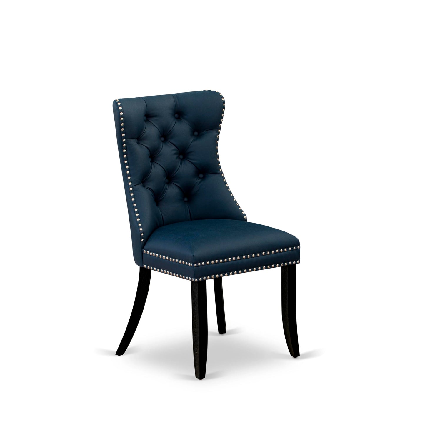 East West Furniture DAP6F29 Dallas Parson Kitchen Chairs - Button Tufted Nailhead Navy Blue Polyester Fabric Padded Dining Chairs, Set of 2, Wirebrushed Black