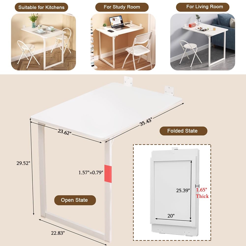 YYmmDQ Folding Wall-Mounted Drop Leaf Table 35"×23" Space Saving Decorative Painting On The Back, Household Dining Table Desk for Kitchen, Coffee, Small Spaces, No Assembly Required