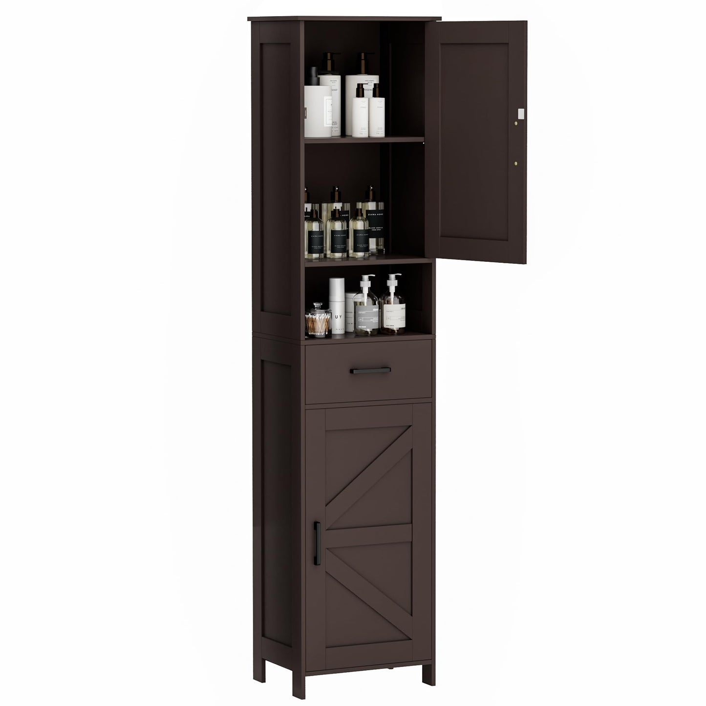Homhedy 67" H Tall Bathroom Storage Cabinet with 2 Barn Doors and 1 Drawer, Narrow Storage Unit, Adjustable Shelves, Floor Cabinet for Bathroom, Living Room, Entryway, Kitchen, Brown, (15.7" W)