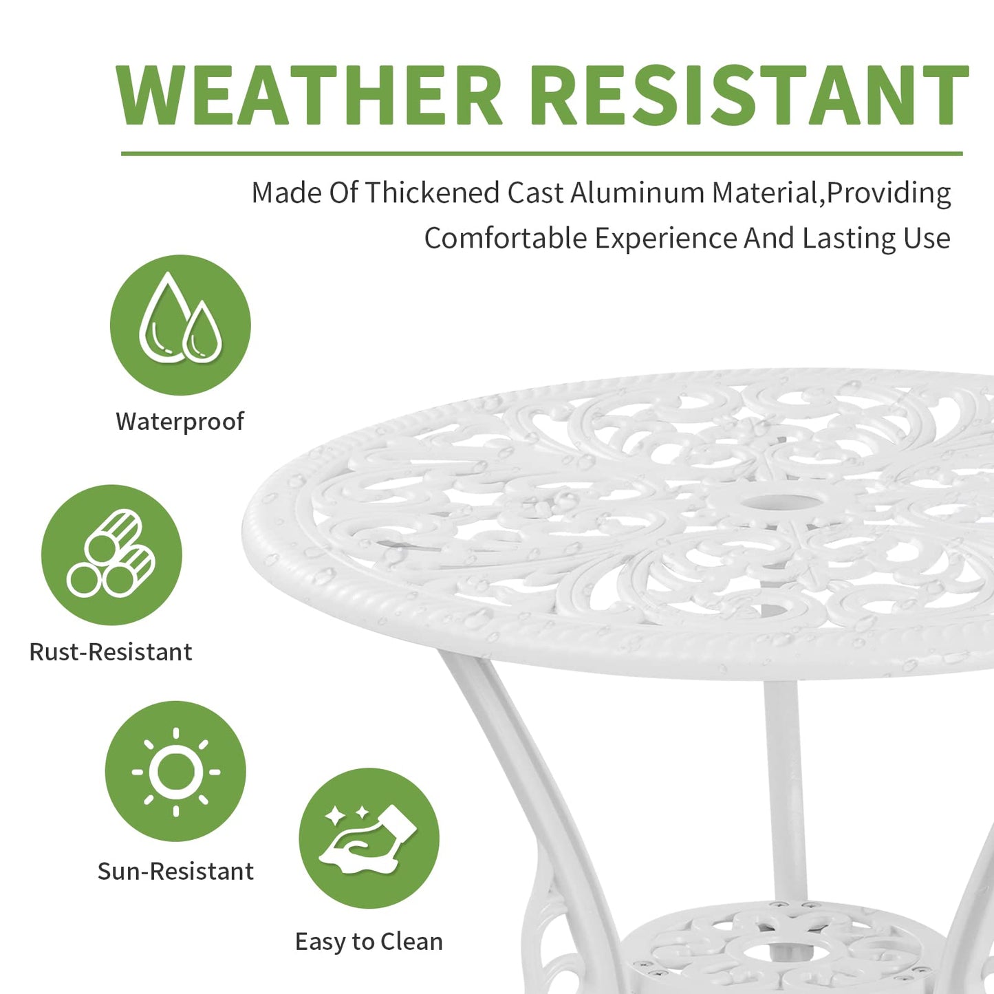 Withniture Patio Bistro Set 3 Piece Cast Aluminum Outdoor Bistro Set, Rust Resistance Bistro Table and Chairs of 2 with Umbrella Hole, Small Patio Set for Garden Outside, White