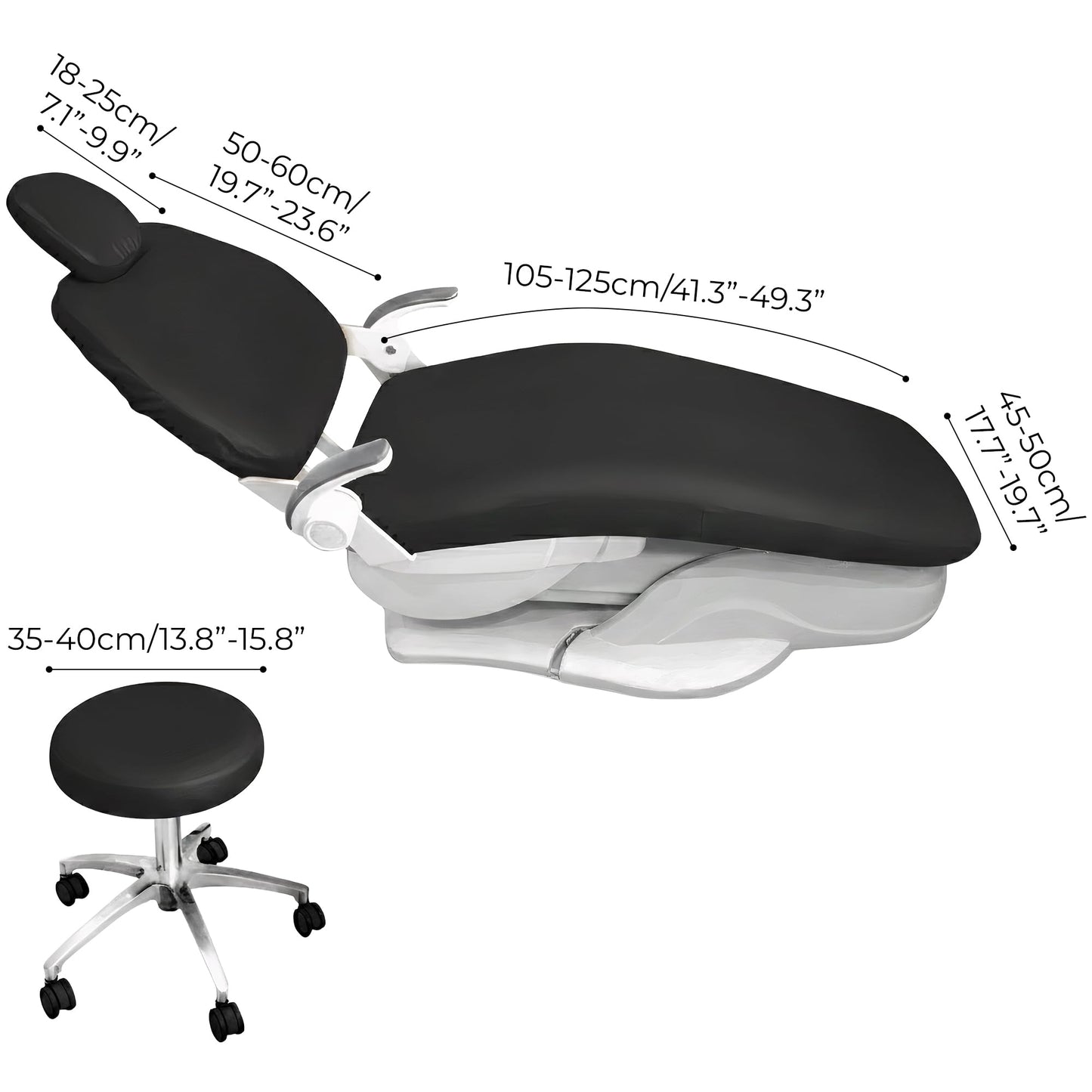4Pcs/Set Protective Dental Chair Covers PU Leather Waterproof Elastic Seat Cover Headrest Backrest Round Cushion Protection Reusable Washable Wipeable Dentist Office Equipment Upholstery Case (Black)