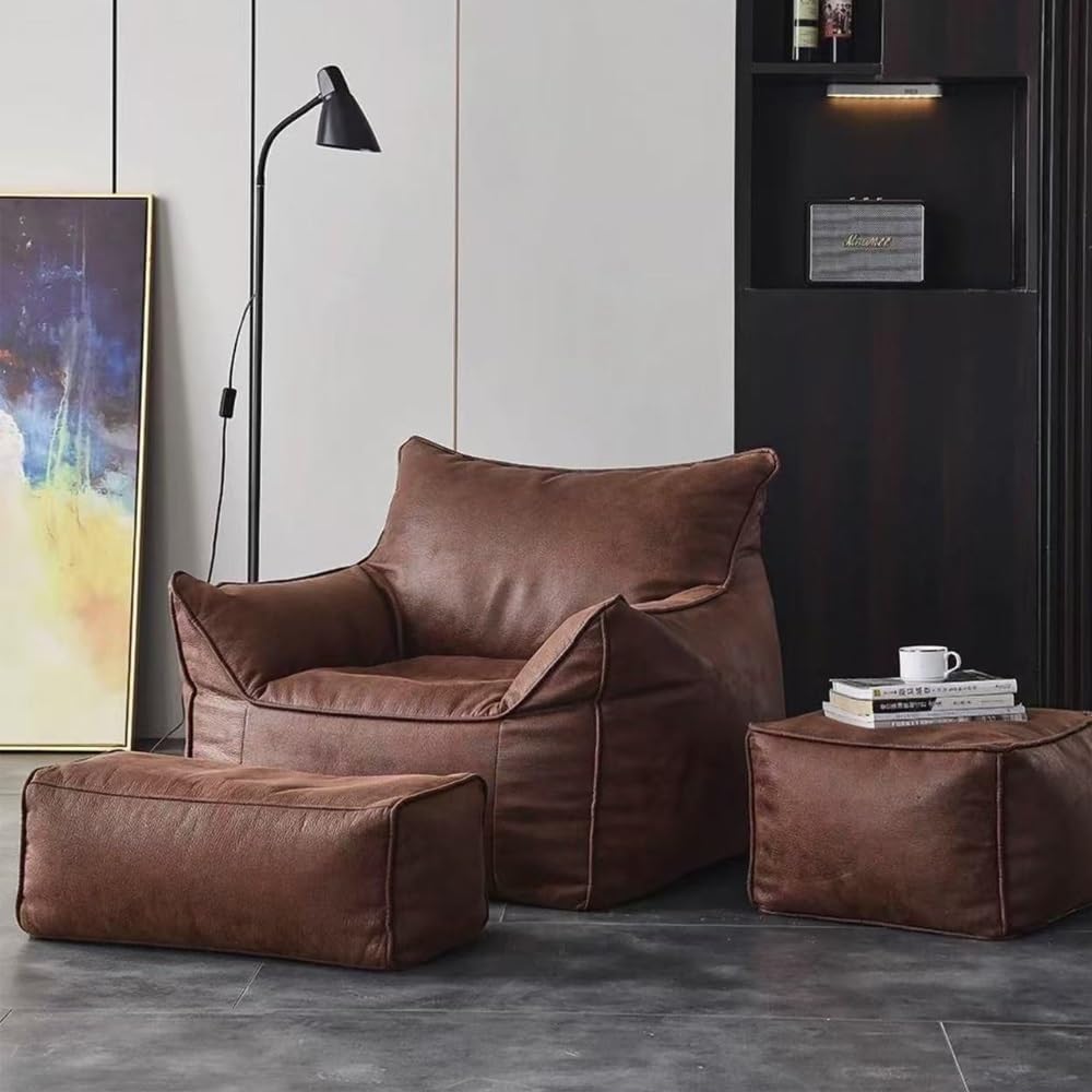 Bean Bag Chair Bean Bag Cover （No Filler） Luxury Single Lazy Sofa Cover PU Faux Suede Leather Bean Bag Pouf Chair for Bedroom Living Room Garden, Bean Bag Cover (Color : Retro Brown)