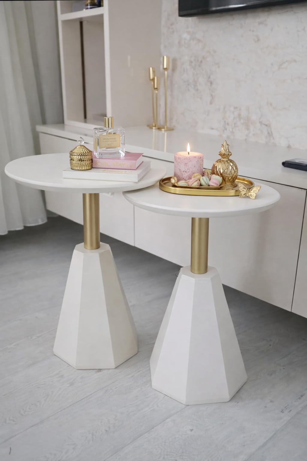 goldwork Round Wood Side Table, Set of 2, Coffee Nightstand Cocktail Drink Modern Accent Circle End Table, Wood Pedestal Base for Living Room, Bedroom, Small Spaces, Offices, Ivory