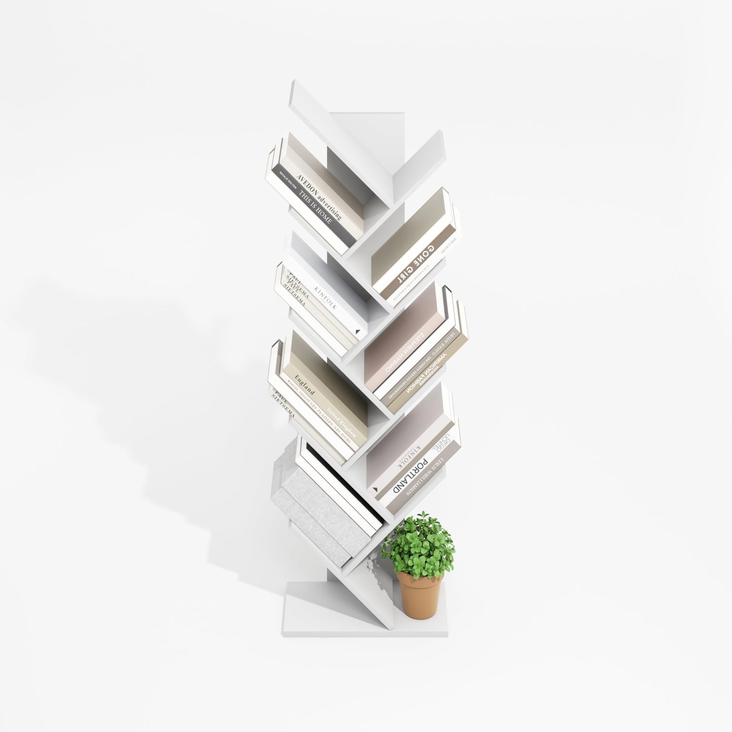 Furinno Tree Book Shelf, 9-Tier Bookshelf, Tree Bookcase for Room Decor, 8.4 x 15.7 x 50.9, for Living Room, Bedroom, Home Office, Plain White