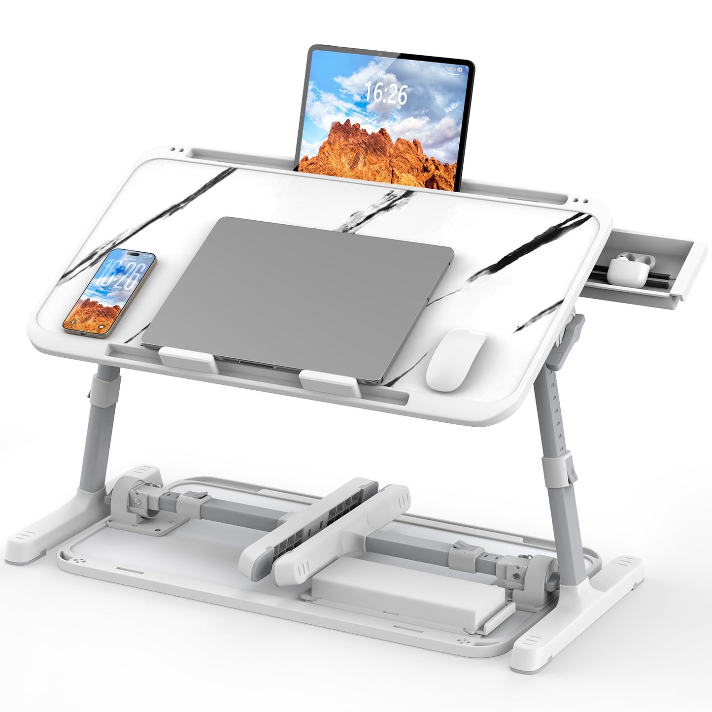 HETTHI Laptop Bed Tray Table, Adjustable Sturdy Laptop Stand for Bed with Premium Materials, Folding Portable Lap Desk with Drawer for Writing Working Reading Eating Couch Floor (Marble, 22.04"×12.2")