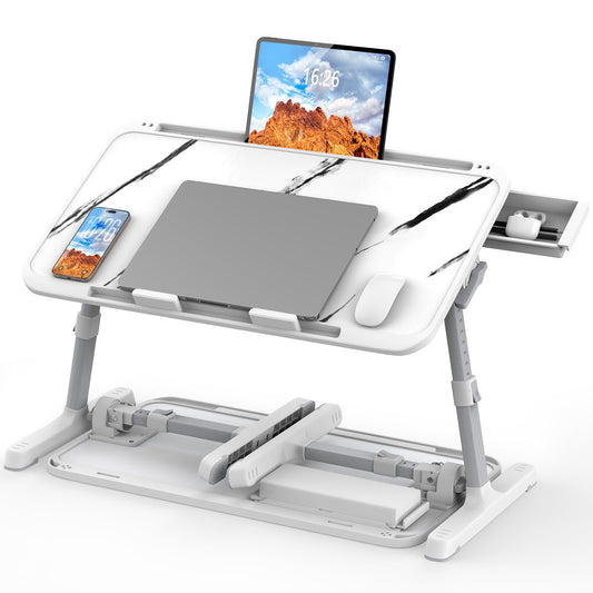 HETTHI Laptop Bed Tray Table, Adjustable Sturdy Laptop Stand for Bed with Premium Materials, Folding Portable Lap Desk with Drawer for Writing Working Reading Eating Couch Floor (Marble, 22.04"×12.2")