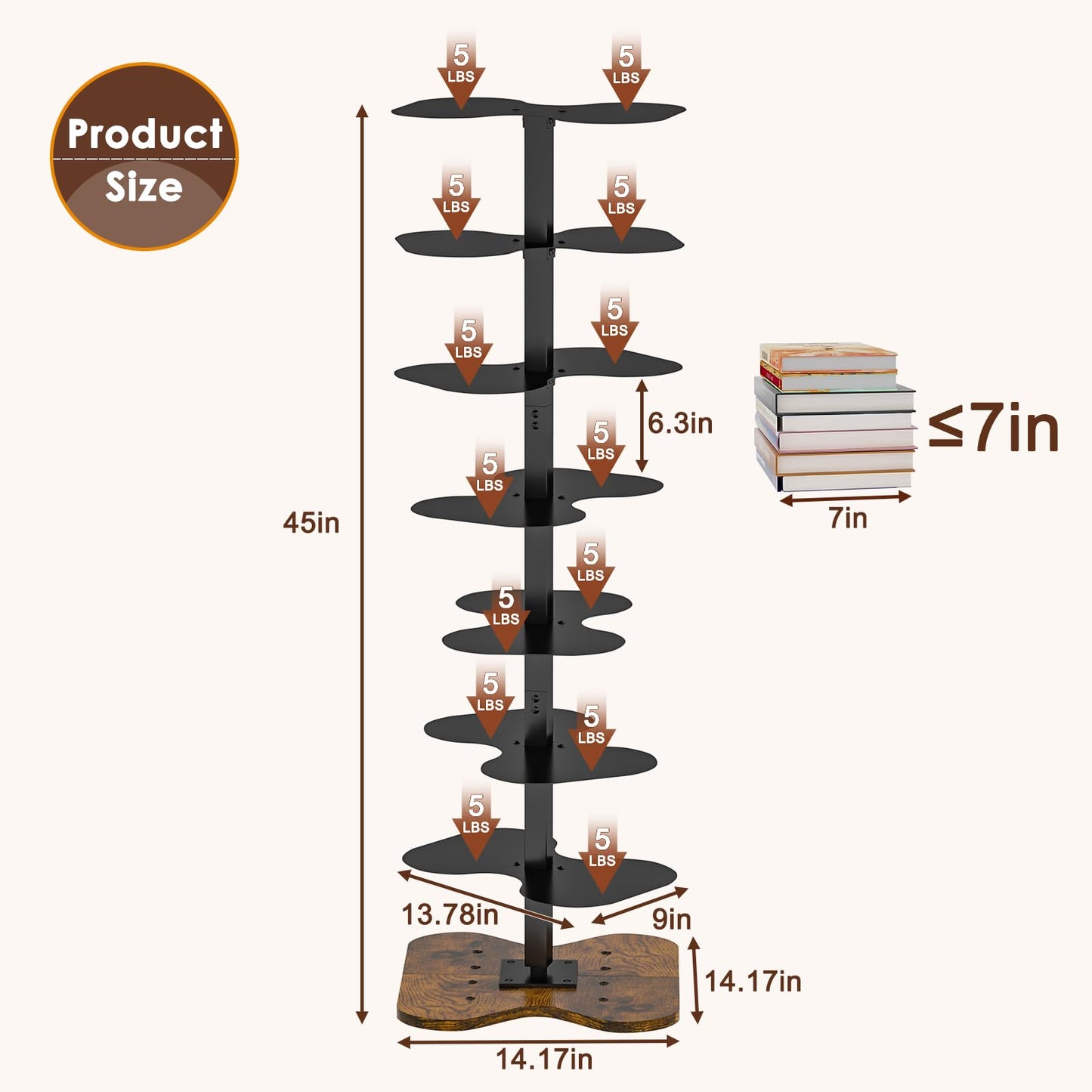 Cidaziya 7 Tier Rotating Bookshelf, 360° Display Spinning Bookcase, Metal Corner Bookcases Storage Rack, Tall Floor Standing Revolving Bookshelves Narrow Book Shelf Organizer for Home Office, Black